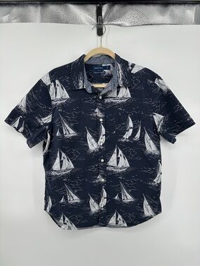 Nautica VTG Nautical Preppy Coastal Navy Sailboat Print Button-Down Shirt SzL